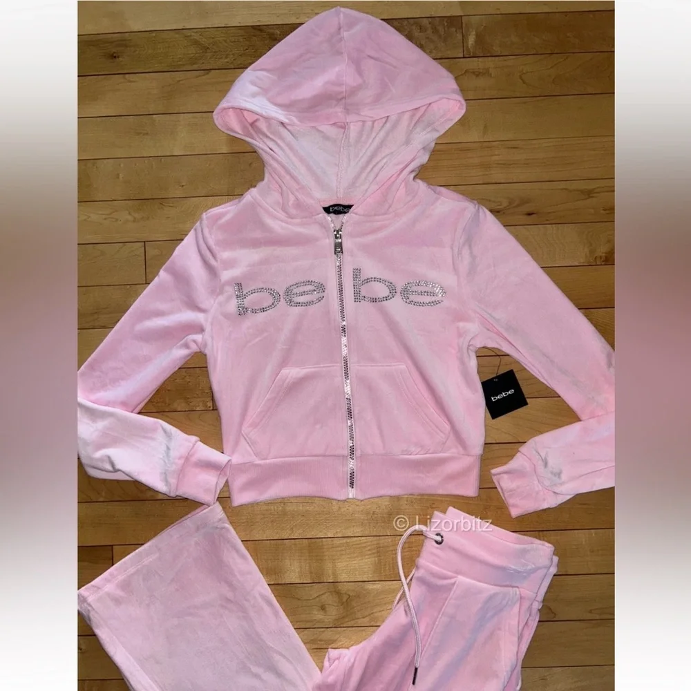 NEW! BEBE Bling Velour Rhinestone Logo Tracksuit Set Light Lace Pink Size S